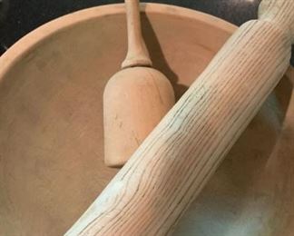 Munising Wood Bowl, Antique Masher And Antique Rolling Pin