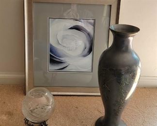 Penco Metal Vase, Crystal And Brass Bowl And Floral Framed Print.