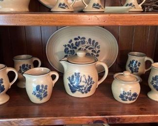 Pfaltzgraff Folk Art Pottery Mugs, Pitcher, Creamer And Sugar And Platter