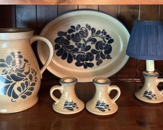 Pfaltzgraff Vintage Folk Art Pottery PiecesPitcher, Candlesticks, Platter And Lamp