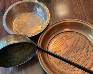 Vintage Copper Pan With Heavy Brass Handle, Large Copper Soup Ladle , And Copper Colander