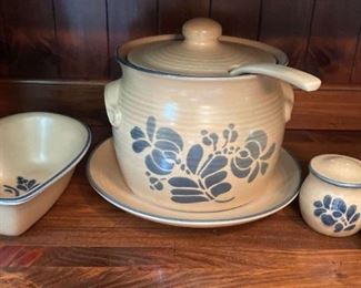 Vintage Pfaltzgraff Folk Art Pottery Soup Tureen, Bowl, Salt And Pepper Shakers