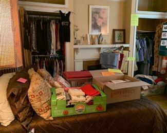 Kitchen towels, full size bed frame, mattress and box springs, comforter set