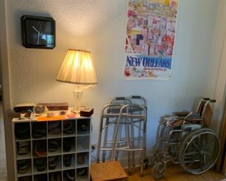 Shoes, clock, walker and wheelchair