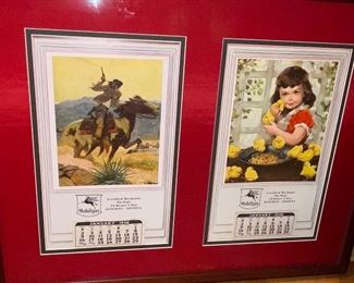Framed pair of 1938 Western theme & Child with chicks calendars  