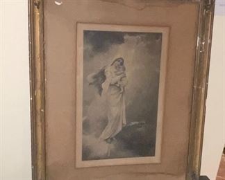Framed Vintage lithograph Mother & her child circa 1900s