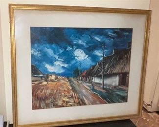 Framed Rustic Village night sky lithograph 