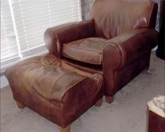 Leather Arm Chair with Distressed Ottoman