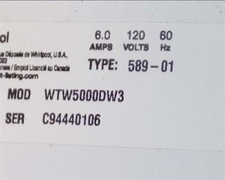 Whirlpool Electric Washer Model/Serial/Date Label
