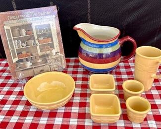 An Excellent Collection of Longaberger Pottery Inc. A Very Bright Striped Pitcher, Cookbook and more