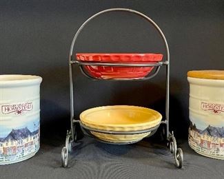 2 Longaberger Homestead Crocks, One W Lid And A Wrought Iron Serving Tray w 2 Pottery Bowls