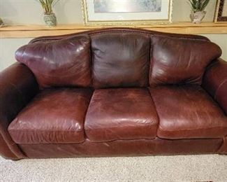 Red Oxblood Leather Robinson and Robinson Sofa 91" x 39" x 37" in Basement