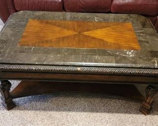 Coffee Table with Marble and Wood Top - 50" X 32" X 20" in Basement