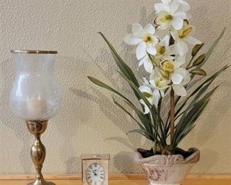 Howard Miller Clock, Brass Candle Holder, and Floral Decor