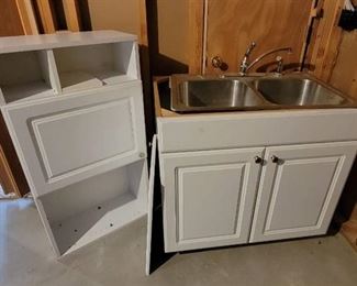 24" x 34.5" Cabinet with Stainless Steel Sink and Wall Cabinet 44" x 11 3/4" x 24" ~ In Basement ~ Needs TLC