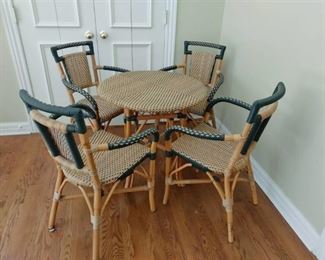 Palecek bamboo rattan bistro style table 28 x 28 x 28 in with 4 chairs