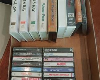 VHS tapes, cassette tapes and DVDs