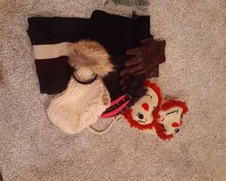 Gloves, mens scarves, with 2 vintage Raggedy Andy crochet hats