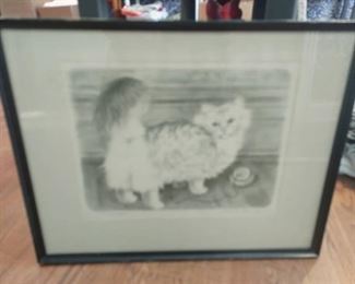 Framed cat art 15 x 18 in