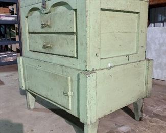 Antique green tool chest!  Measures around 40" tall, two-piece, top opens.  This piece could have so many uses!