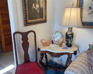 Marble top Victorian parlor table with English Queen Ann mahogany side chair 
