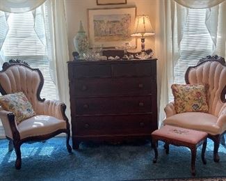 Pair of Victorian armchairs with early mahogany chest