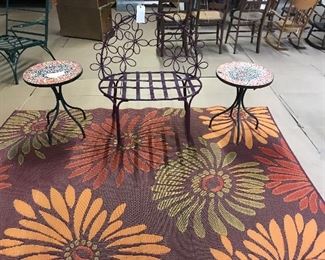 New Deck or Patio Rug, Iron Daisey Bench, Iron and Mosaic matching tables