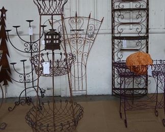 French tall bakers rack or plant stand. Large 3 tier plant stand, great display piece. Iron trellis, large iron candle sticks.