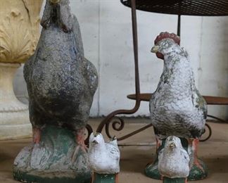 antique cement chickens and babbies