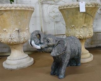 large cement elephant, large set of 5 urn planters