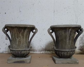 Large Cement Planters shaped like big handled urns. Weathered beautifully in gray tones.