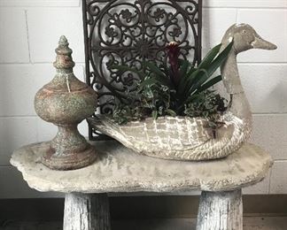 Faux Bois Log Cement Bench, Pair of Swans Planted, Heavy cast Iron Ornate Square Grill, Composite Finial