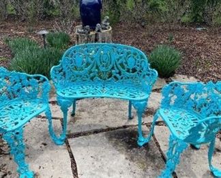 1800's Cast Iron Bench and 2 Chairs. Put color in your garden.
