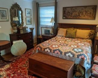 4-drawer serpentine-front 1940's Bassett mahogany chest, 1940's mahogany tooled-leather top drum table, w/vintage French porcelain table lamp.