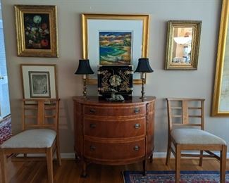 Wonderful 3-drawer demilune chest, w/inlay and side carving details, one of a set of four MCM chairs (there's a matching dining room table as well)  from the Showers Brothers Co. (Bloomington, IN) Asian black lacquer jewelry box, pair of brass candlestick table lamps, original oil on canvas, by listed artist Sergei Cherep, nicely framed, artist signed, original oil on canvas of floral still life, vintage gold gilt mirror and vintage English architectural lithograph.