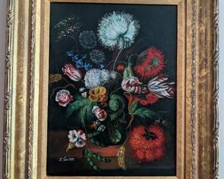 Nicely framed, artist signed original floral still life, on canvas. 