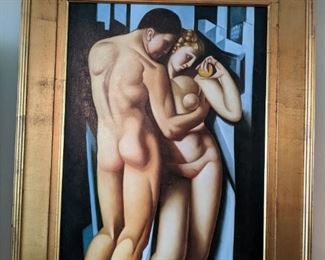 Nicely framed original oil on canvas, in the style of Polish artist, Tamara de Lempicka. 