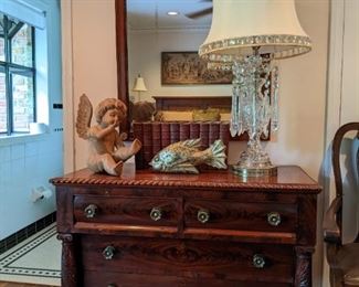 Gorgeous carved mahogany four drawer Empire chest with good brass pulls, the most amazing cut crystal lamp in the history of mankind - even the shade has crystal in it!