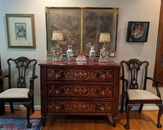 Gorgeous MOP inlaid 3-drawer chest, by Theodore Alexander, measures 48" W x 22" D x 39" H, pair of antique English mahogany armchairs, pair of pristine porcelain figural table lamps, pair of antique Asian vases. 