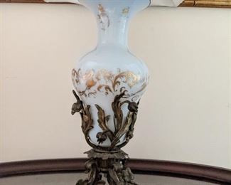 Wonderful opaline glass table lamp, with bronze base, gold overlay detail, shade and finial.