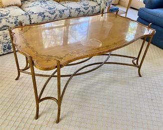 Dennis & Leen painted iron faux bois tray coffee table                                                            20"h x 28"d x 49" long - to restore