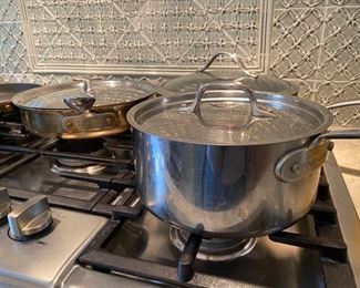 Cookware including All-Clad: 11.25" sauté pan w/lid, 10.5" skillet, 8.25" sauce pan