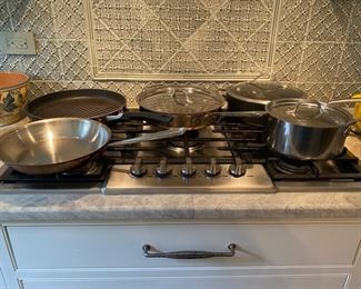 Cookware including All-Clad: 11.25" sauté pan w/lid, 10.5" skillet, 8.25" sauce pan