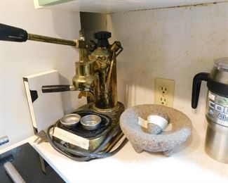 expresso machine, molcajete