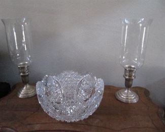 Cut crystal bowl and pair of Reed & Barton sterling candlesticks with crystal hurricanes