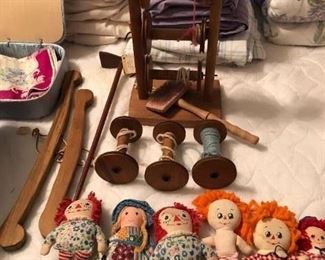 Weaving supplies; rag dolls.