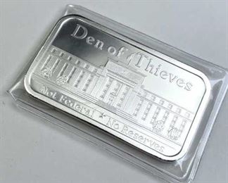  1oz Troy 'Den of Thieves' Fed. Res. Art Bar .999