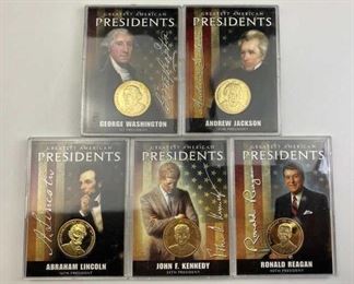 (5) Presidential Medals in Holders, Prooflike.  These are not government issued presidential dollars, but rather novelty lookalikes.