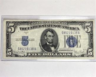 Fold 1934-D U.S. $5 Blue Seal Silver Certificate, AU