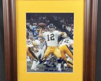 Please note: No COA, but it is live ink.  Photo is lower resolution.  Appears authentic with inscriptions. Terry Bradshaw Autograph w/ HOF Inscription